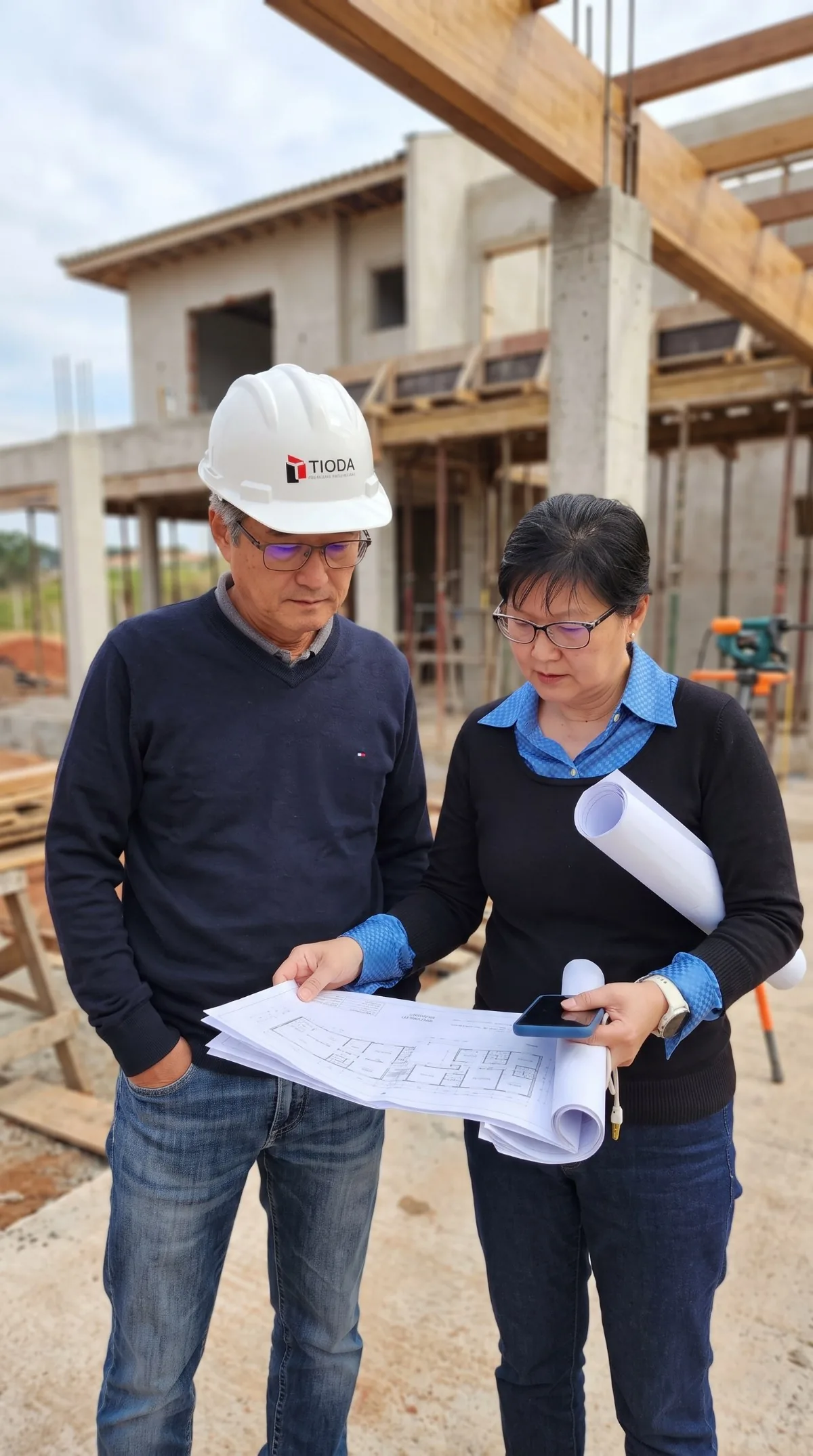 Engenheiro Elio Tioda e arquiteta Violeta Micaco Tioda analisando o projeto em obra