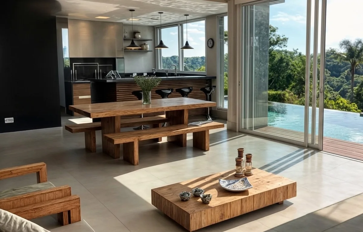 Living integrado com cozinha e piscina de borda infinita em residência construída pela Tioda